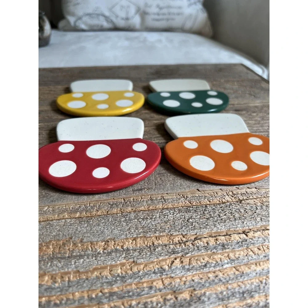 Mushroom‎ Ceramic Drink Coasters Set Of 4 Polka Dot Retro Mod Kitchen Decor